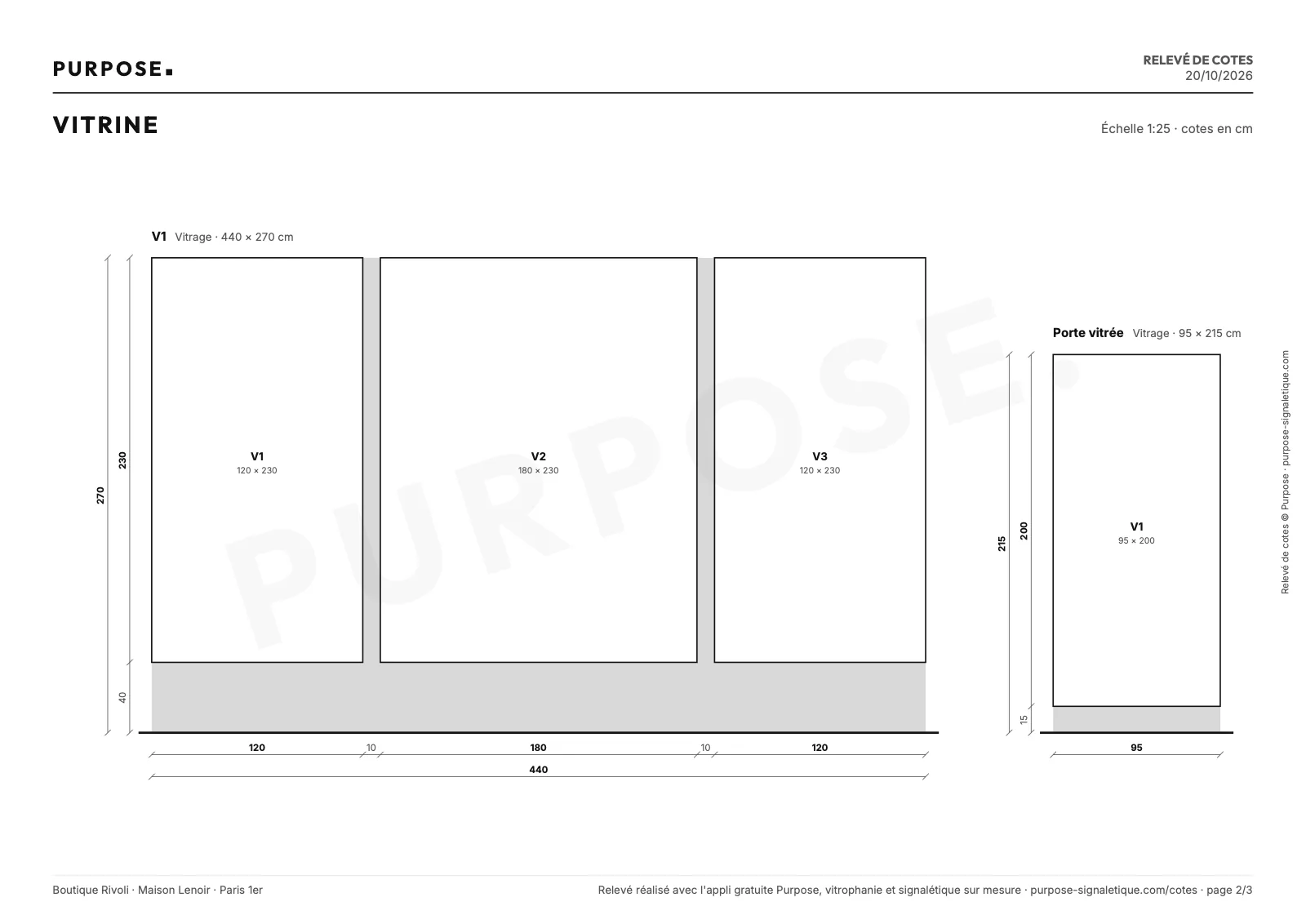 Planche PDF d'une vitrine : trois vitres et une porte vitrée cotées en chaîne, montants et allège en gris, à l'échelle 1:25