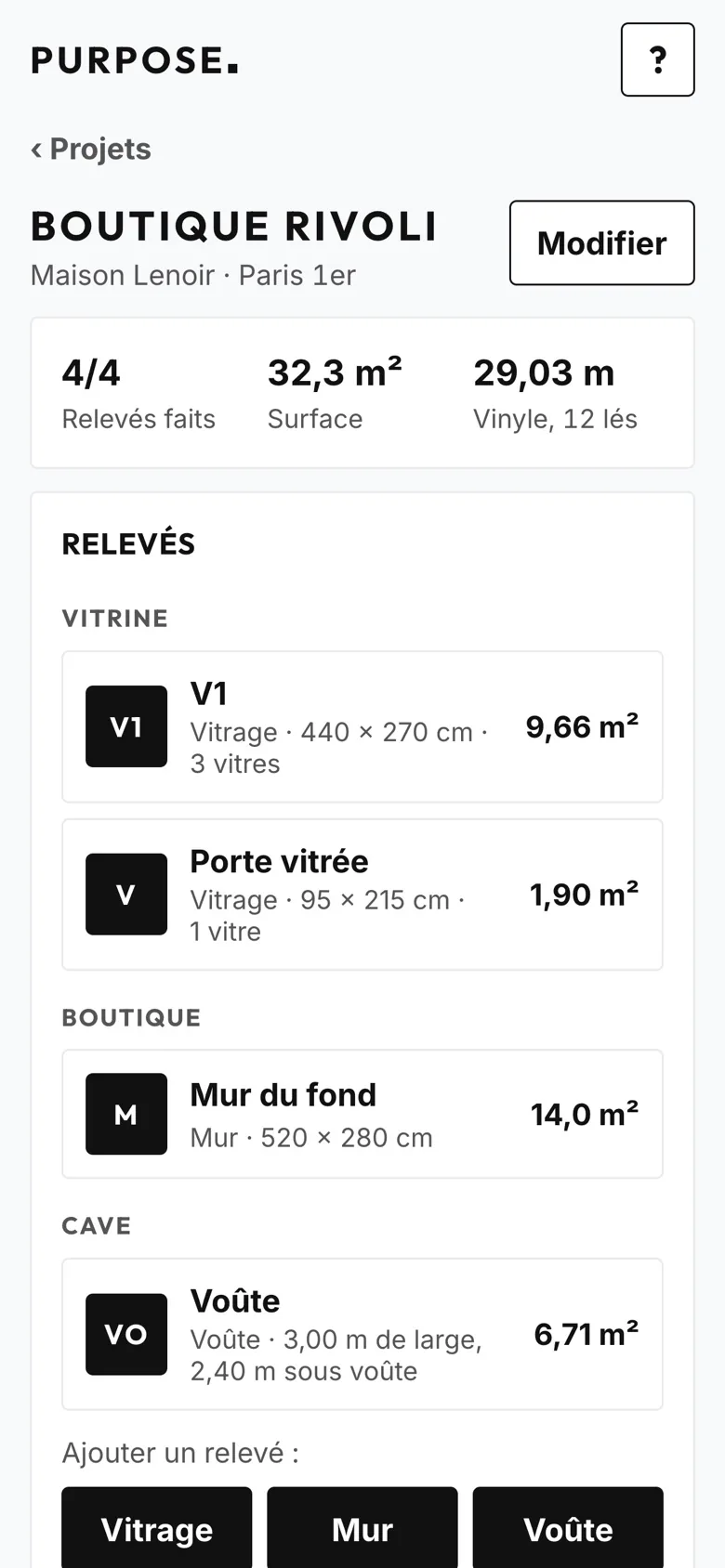 Page d'un projet : quatre relevés rangés par pièce, la surface à habiller et la longueur de vinyle