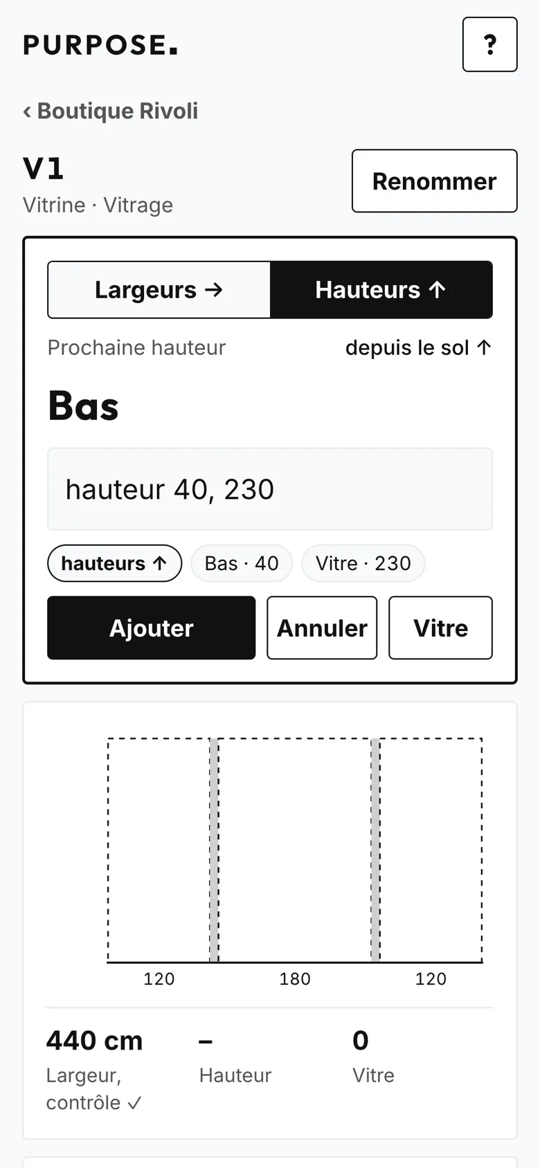 Saisie d'un vitrage : la phrase dictée « hauteur 40, 230 » devient une allège de 40 cm et une vitre de 230 cm